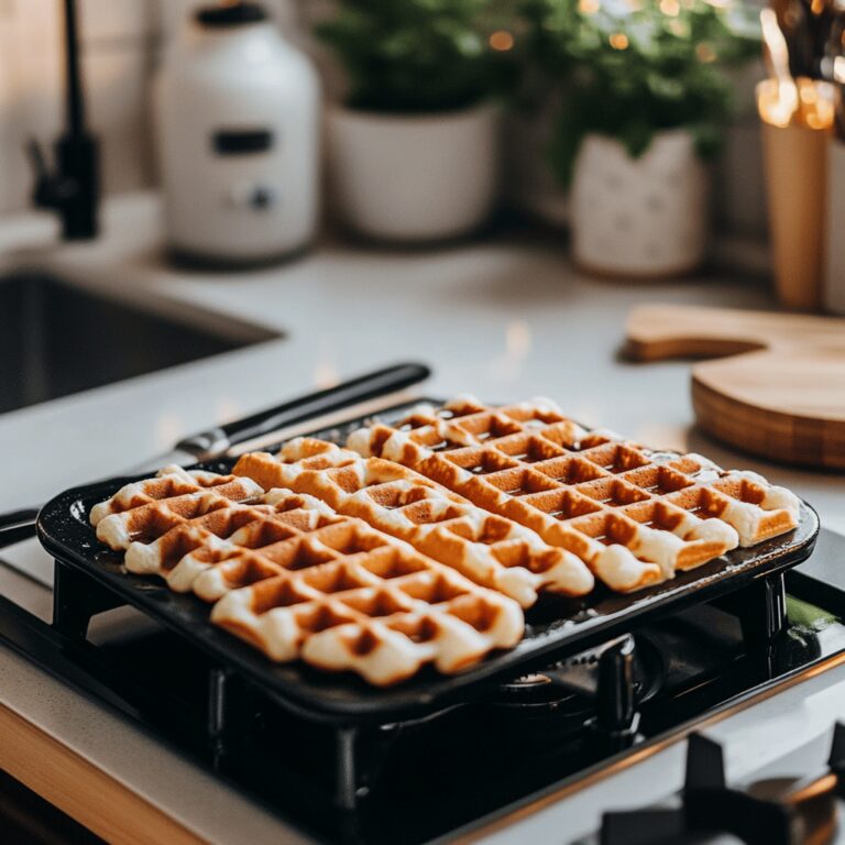 A cozy modern kitchen filled with warm, natural light, showcasing an array of kitchen tools and ingredients. Various utensils, bowls, and a countertop display suggest a homely yet professional atmosphere, while subtly hinting at creative ways to use frozen waffles, without focusing on a single dish. The scene invites viewers to explore culinary possibilities in a friendly and inviting environment.