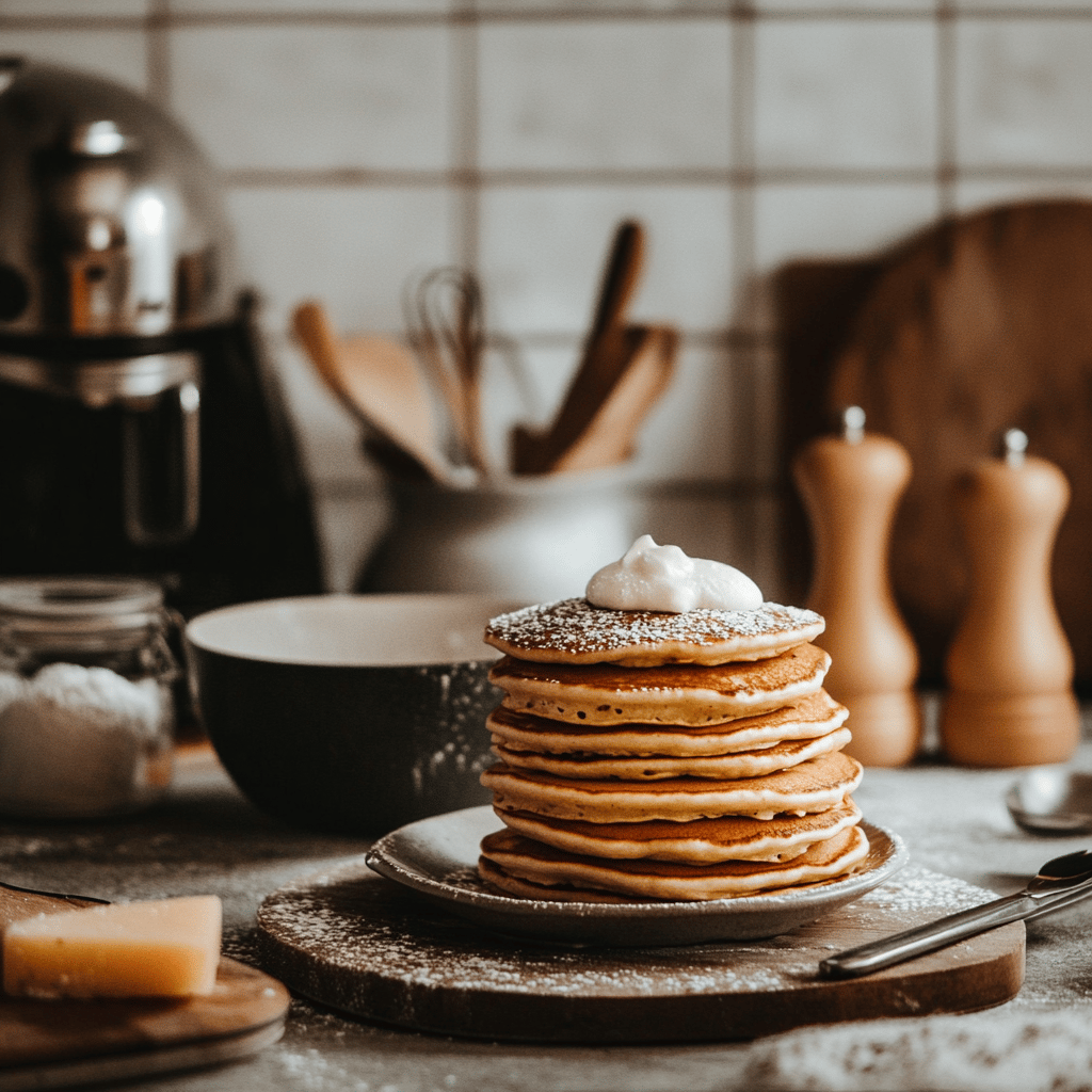 A warm and inviting modern kitchen filled with soft natural light, featuring a rustic wooden countertop adorned with various cooking utensils, bowls of fresh ingredients, and a stack of fluffy pancakes. The background includes subtle hints of cooking tools and a cozy atmosphere, reflecting a homely yet professional vibe, perfect for a food blog about popular pancake recipes.
