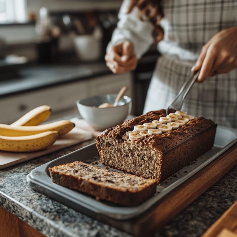 A warm and inviting kitchen scene featuring banana bread ingredients like ripe bananas, flour, and brown sugar on a rustic countertop. Cozy cooking utensils, mixing bowls, and a wooden cutting board are artistically arranged. Natural light flows in through a window, casting a friendly glow over the setting. The overall atmosphere conveys both homeliness and professionalism, with subtle hints of the blog's theme woven throughout the image.