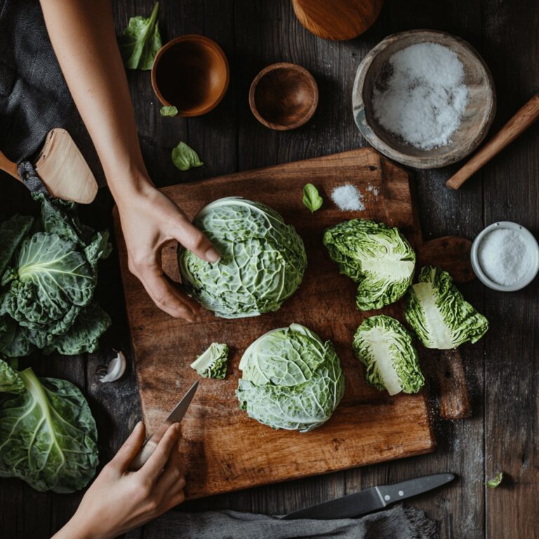 A warm and inviting modern kitchen filled with natural light, showcasing a variety of cooking tools, bowls, and ingredients related to cabbage preparation. The scene features a mix of neatly organized utensils on a countertop, vibrant fresh cabbage heads, and spices, all arranged in a cozy, homely manner that evokes a sense of culinary creativity and comfort. The atmosphere is friendly and inviting, perfect for a food blog about cooking techniques.