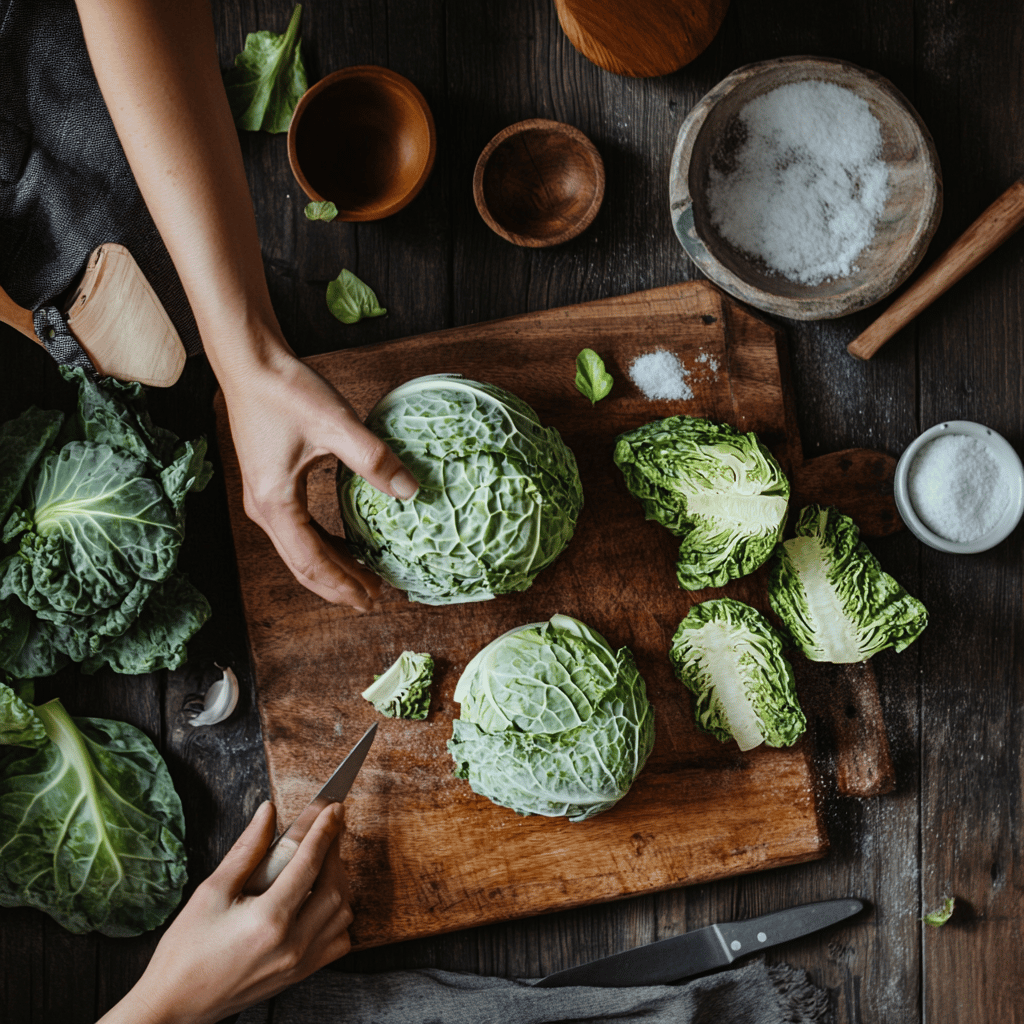 A warm and inviting modern kitchen filled with natural light, showcasing a variety of cooking tools, bowls, and ingredients related to cabbage preparation. The scene features a mix of neatly organized utensils on a countertop, vibrant fresh cabbage heads, and spices, all arranged in a cozy, homely manner that evokes a sense of culinary creativity and comfort. The atmosphere is friendly and inviting, perfect for a food blog about cooking techniques.