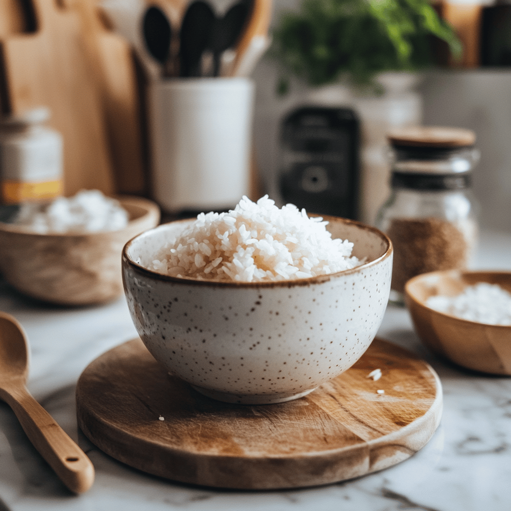 A warm and inviting modern kitchen scene with natural lighting, featuring an Instant Pot on the countertop surrounded by various cooking tools like wooden spoons and measuring cups. Bowls filled with uncooked rice and fresh ingredients are nearby, adding color and texture to the setting. Subtle details like fresh herbs, a cookbook open to a rice recipe, and the cozy atmosphere create a homely yet professional vibe, reflecting the theme of a food blog about cooking rice with an Instant Pot.