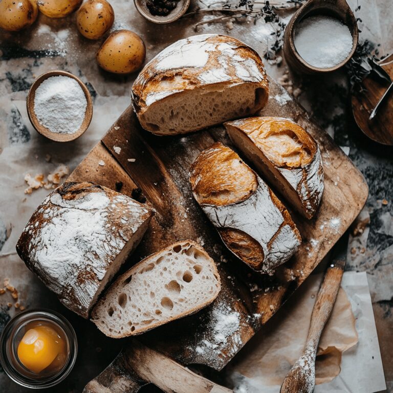 A warm and inviting kitchen scene featuring a rustic wooden countertop with an array of cooking tools, bowls, and ingredients for reviving stale bread. Soft, natural lighting filters through a nearby window, casting a cozy glow on the kitchen. In the background, hints of baking sheets and fresh herbs suggest a homey yet professional atmosphere, inviting readers to engage with the idea of transforming stale bread into something delicious.