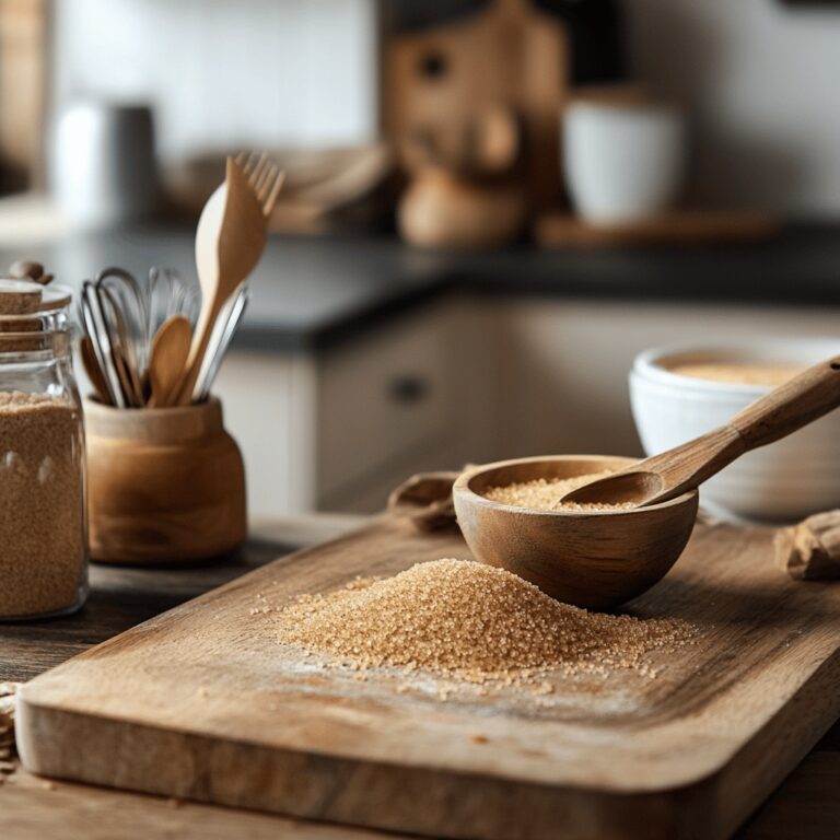 A warm, cozy modern kitchen filled with natural light, featuring a wooden countertop adorned with a bowl of soft brown sugar next to cooking utensils. A kitchen gadget designed to prevent brown sugar from hardening is subtly placed nearby, along with various fresh ingredients like herbs, spices, and baking tools, creating an inviting atmosphere that reflects a friendly and professional food blog aesthetic.