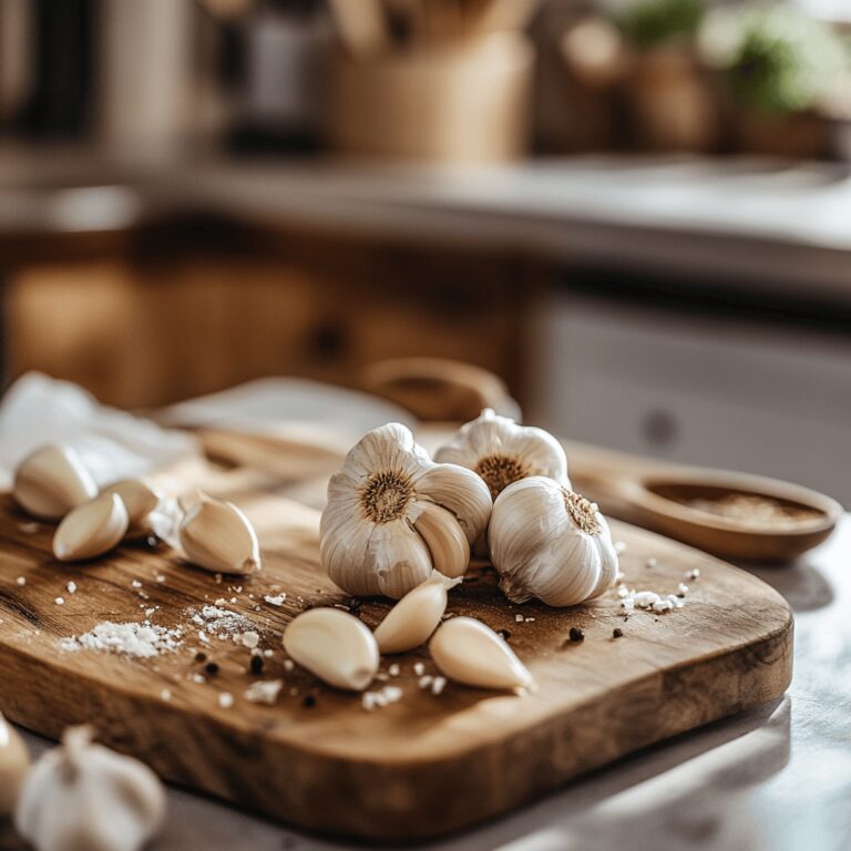 A warm and cozy modern kitchen filled with natural light, showcasing various cooking utensils and ingredients. The countertop is adorned with a rustic bowl of fresh garlic beside a cutting board, while a few cooking tools and recipe cards are artfully placed around. The scene reflects a homely yet professional atmosphere, inviting the viewer into a world of culinary creativity focused on the proper storage techniques for garlic.