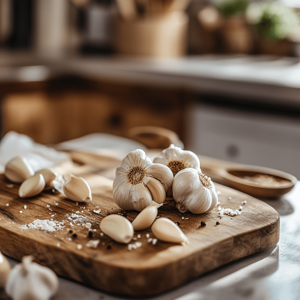 A warm and cozy modern kitchen filled with natural light, showcasing various cooking utensils and ingredients. The countertop is adorned with a rustic bowl of fresh garlic beside a cutting board, while a few cooking tools and recipe cards are artfully placed around. The scene reflects a homely yet professional atmosphere, inviting the viewer into a world of culinary creativity focused on the proper storage techniques for garlic.