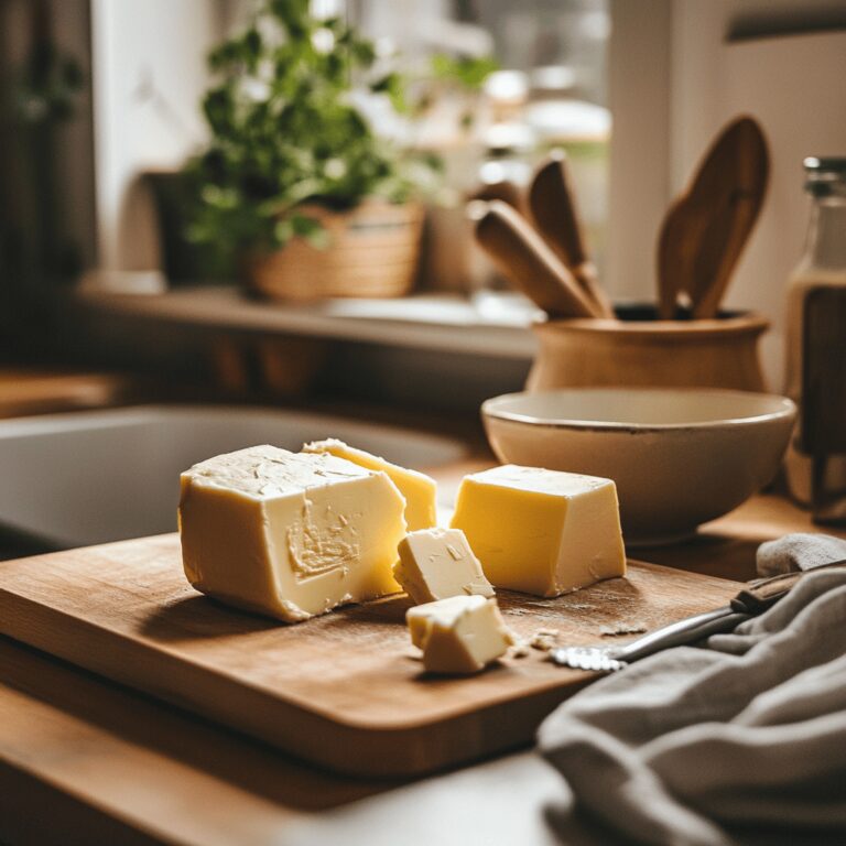 A warm, inviting kitchen scene featuring various cooking tools and ingredients scattered on a countertop, with a focus on a butter dish and softened butter. Soft, natural lighting illuminates the space, highlighting a cozy atmosphere. Utensils and bowls are arranged neatly, creating a homely yet professional setting, with a subtle emphasis on baking techniques and practices.